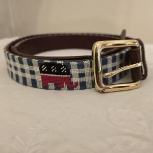 Men's Navy & Red Needlepoint Republican Elephant Leather Belt Size 40